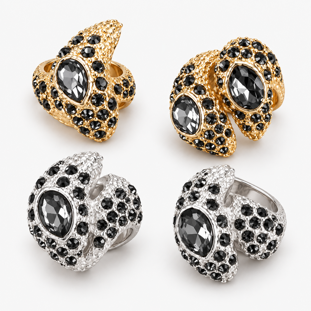 Anel Cobra dourado ou prata strass preto