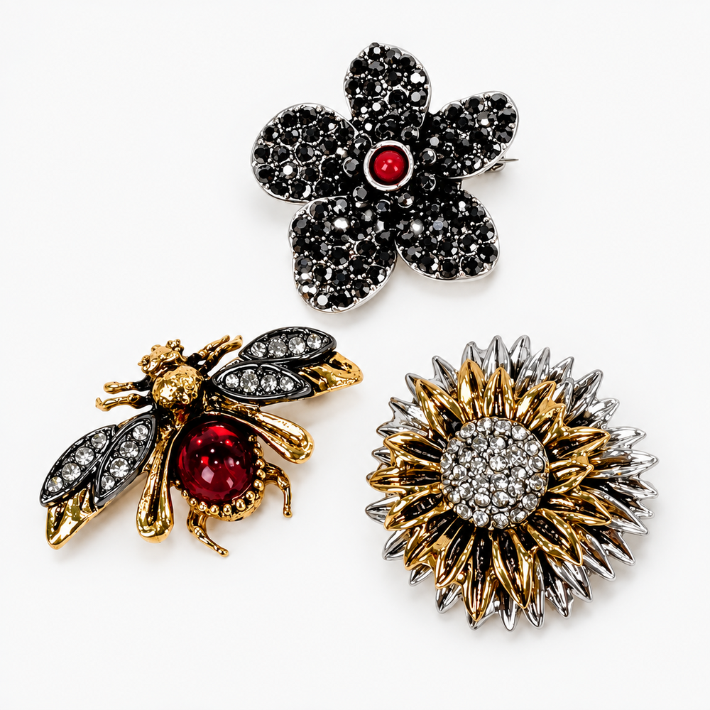 Broche trio flor preto e vermelho