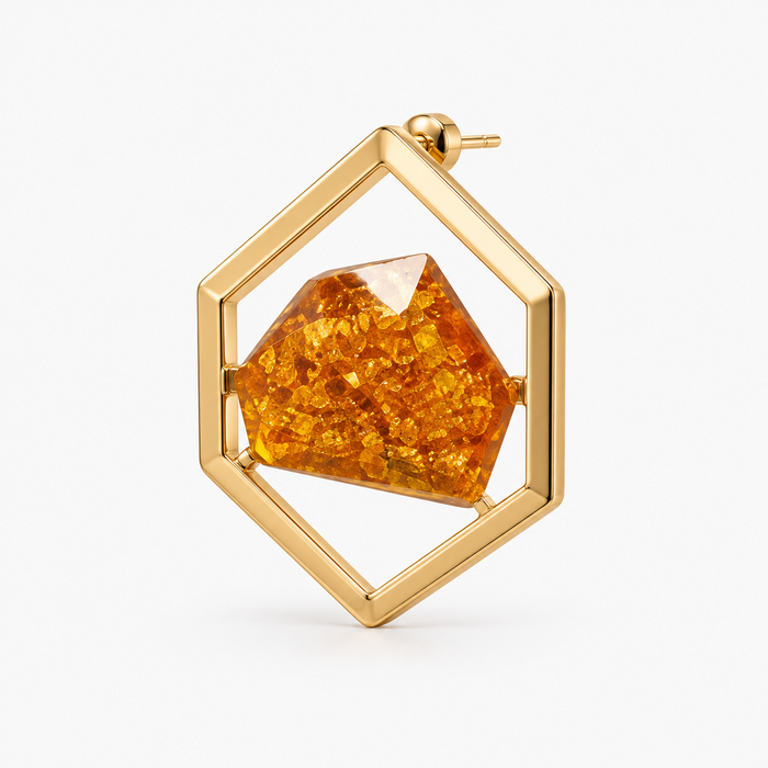 Brinco Dourado Hexagonal com Pedra Resinada Glitter – Modernidade