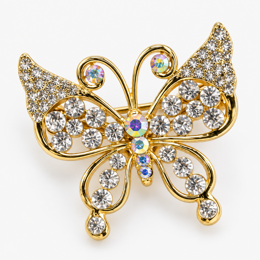 Broche borboleta dourado com strass