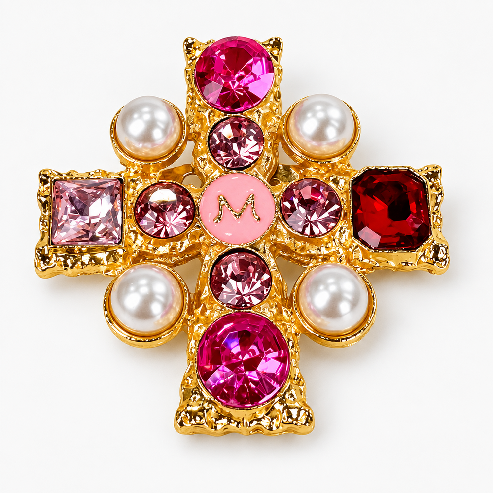 Broche dourado com strass rosa