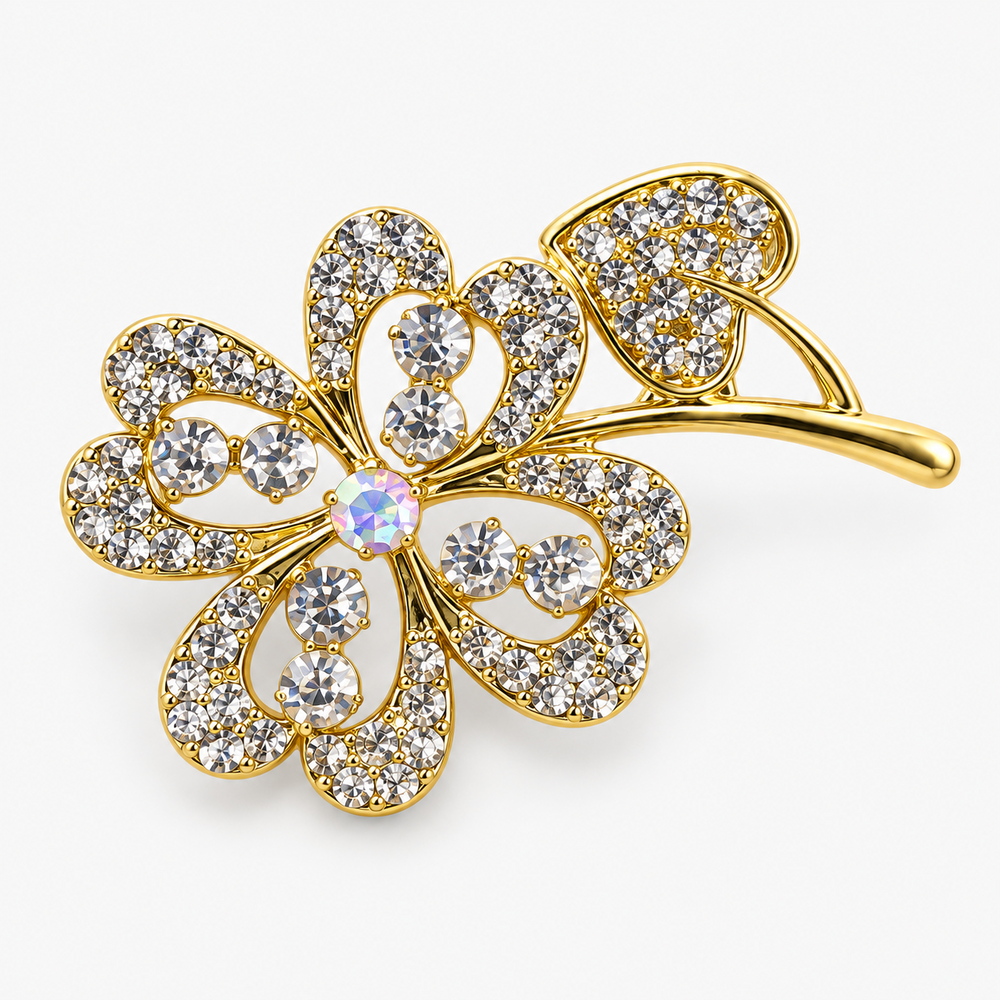 Broche flor dourado com strass