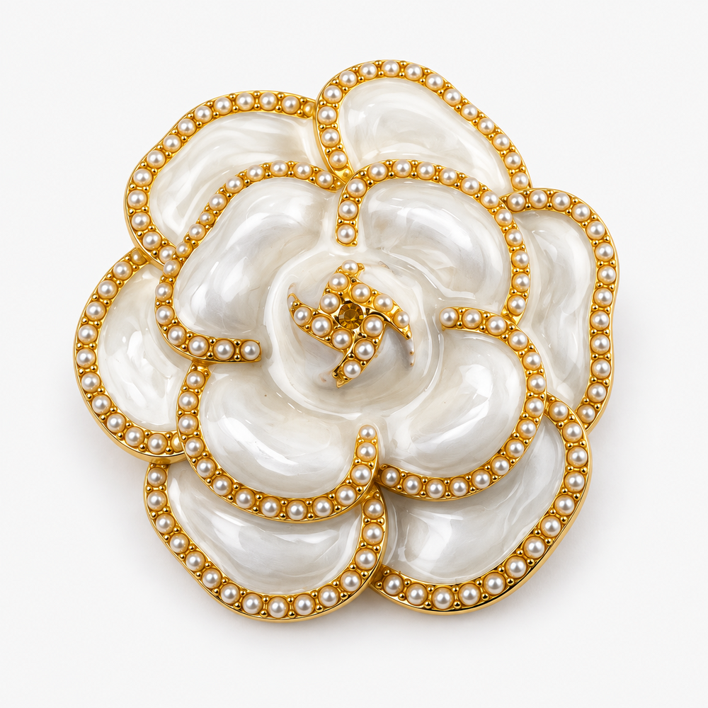 Broche flor dourado pérola