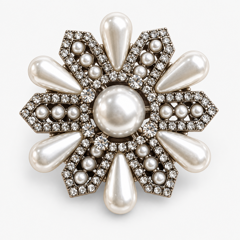 Broche flor prata com pérolas