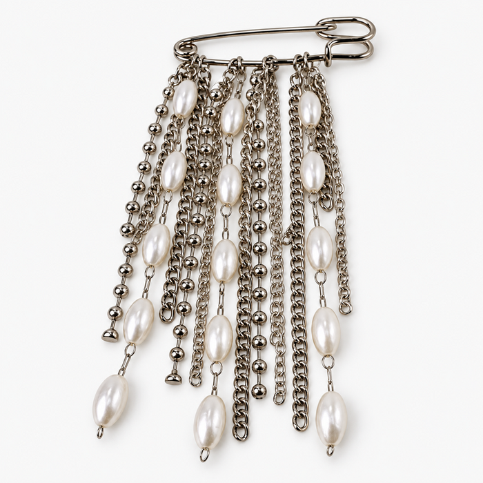 Broche de Metal Prateado com Pérolas – Vanguarda