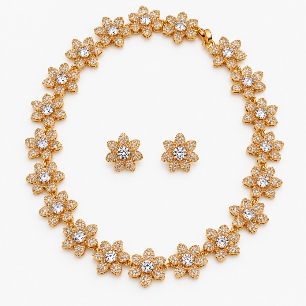 Conjunto Colar e Brinco Flores com Zircônia – Elegância