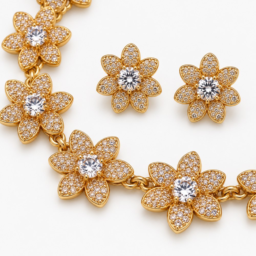 Conjunto Colar e Brinco Flores com Zircônia – Elegância